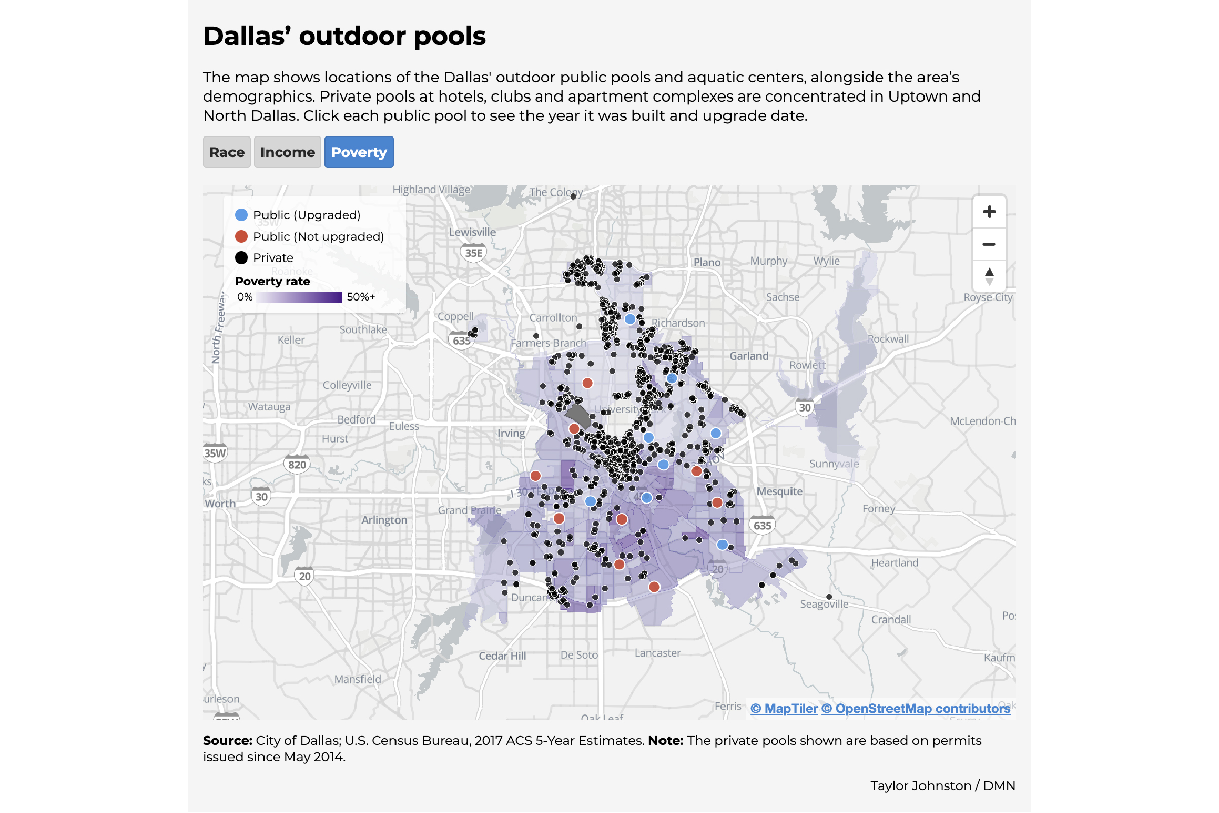 Interactive map of Dallas' public pools and the demographics of the areas they are located in