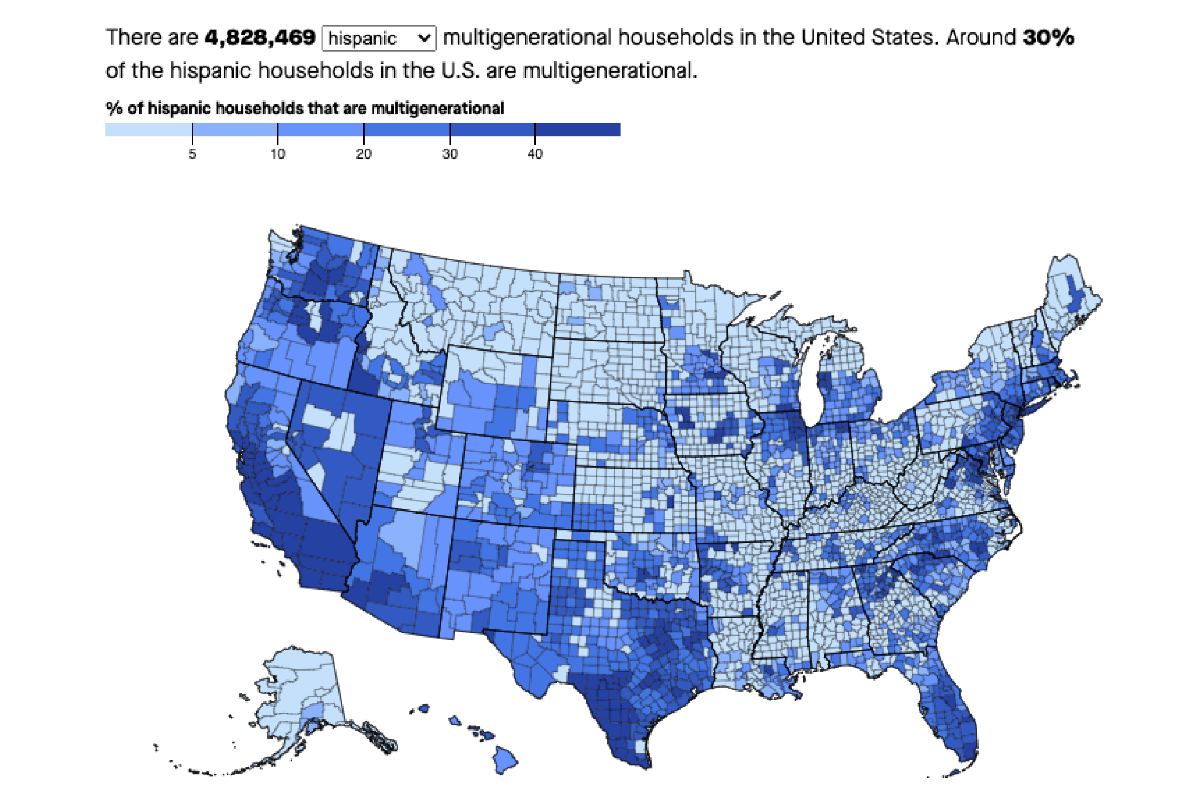Interactive map with toggle feature showing makeup of multigenerational households in each county