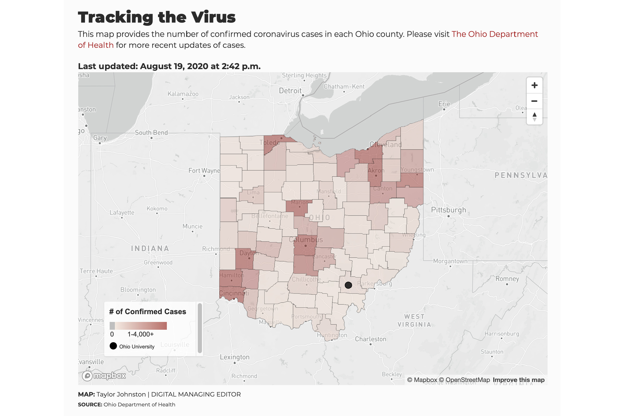 Choropleth map of Ohio coronavirus cases, focusing on Athens County