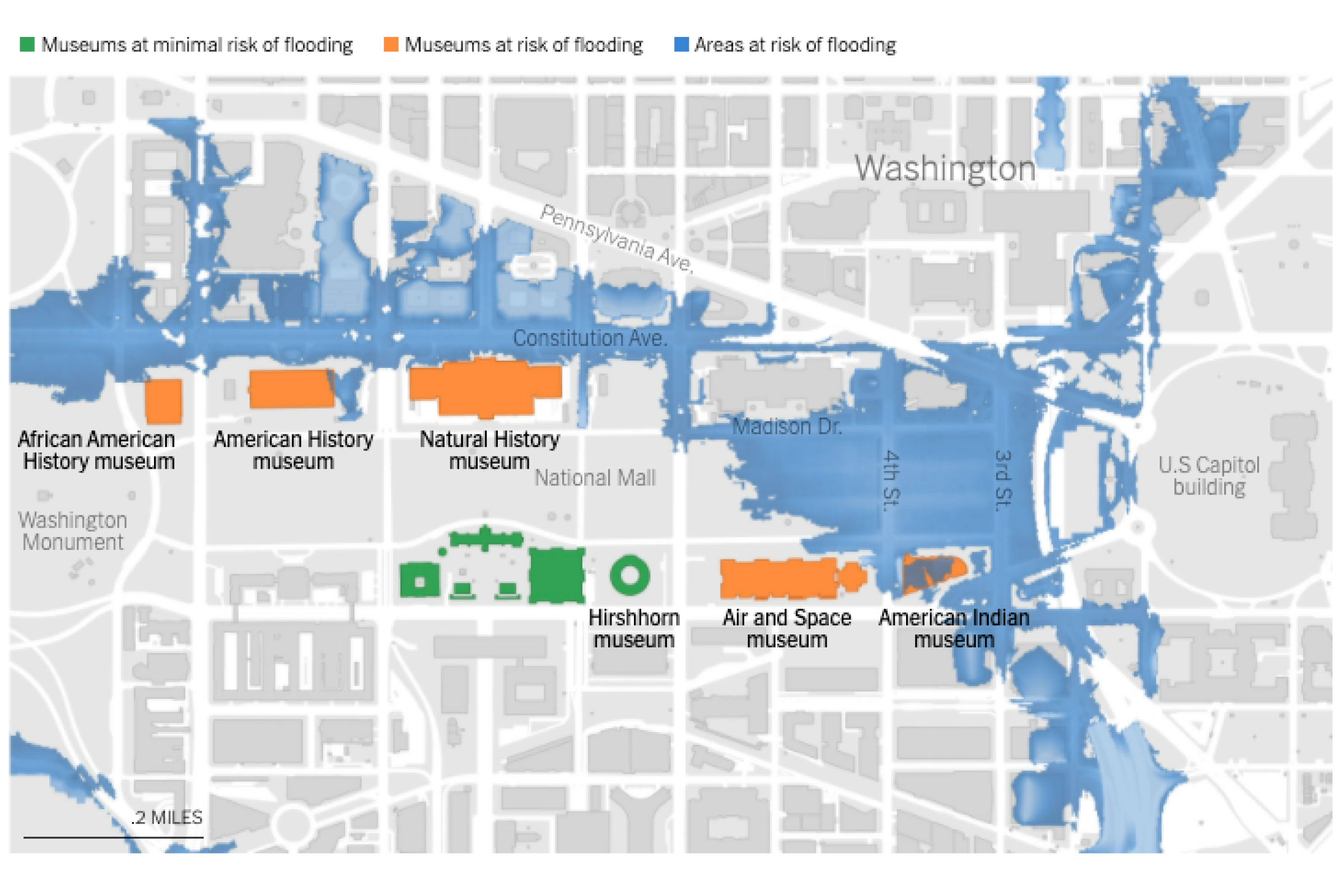 Map of flood areas on the National Mall and what buildings are at the greatest flood risk.