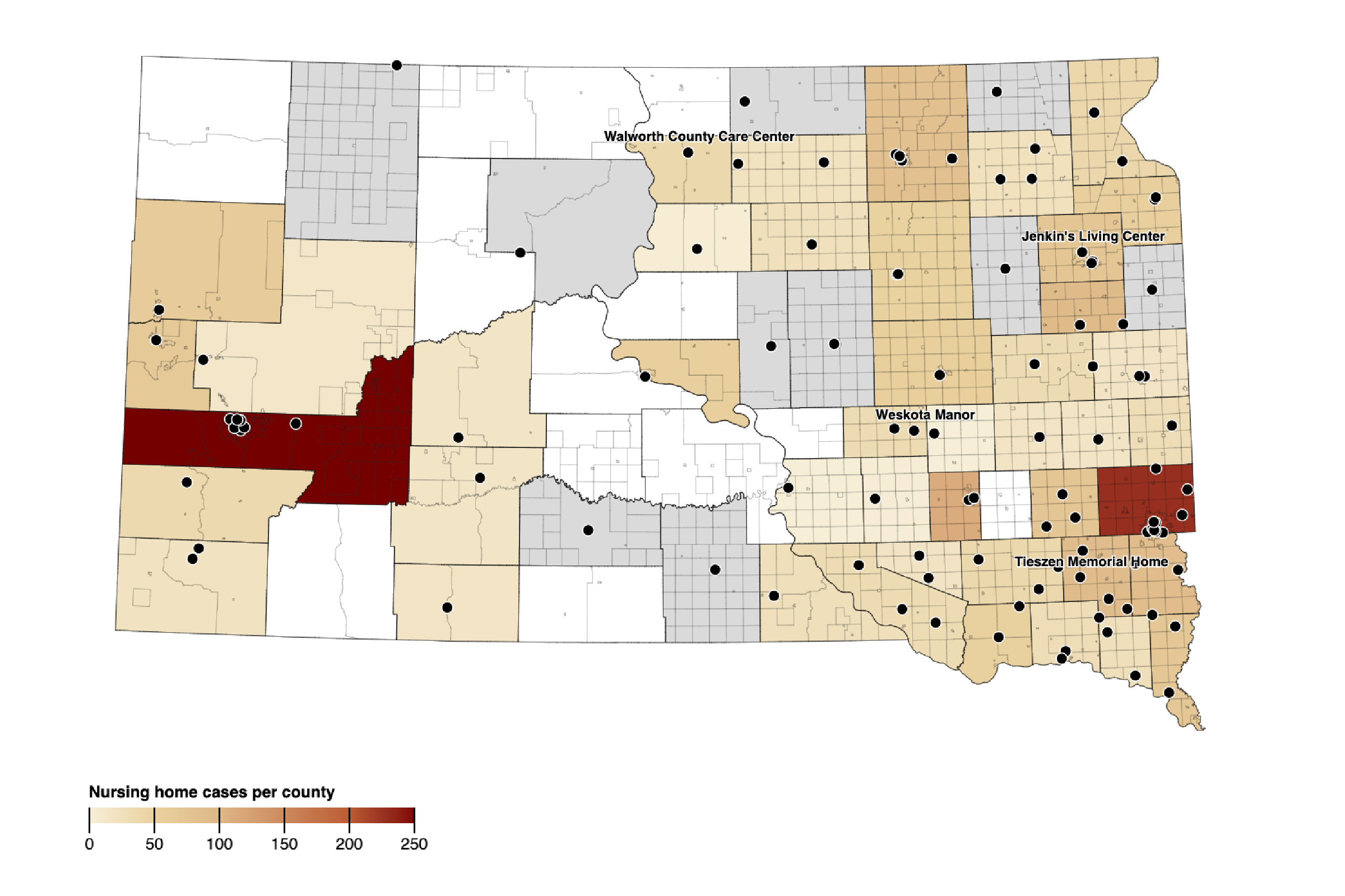 Choropleth map COVID-19 cases in South Dakota nursing homes 
